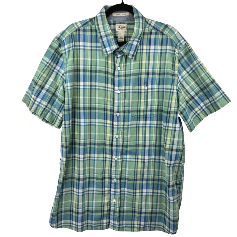 LL Bean Plaid Button Down Mens XL Tall Green Blue Short Sleeve Slightly Fitted‎